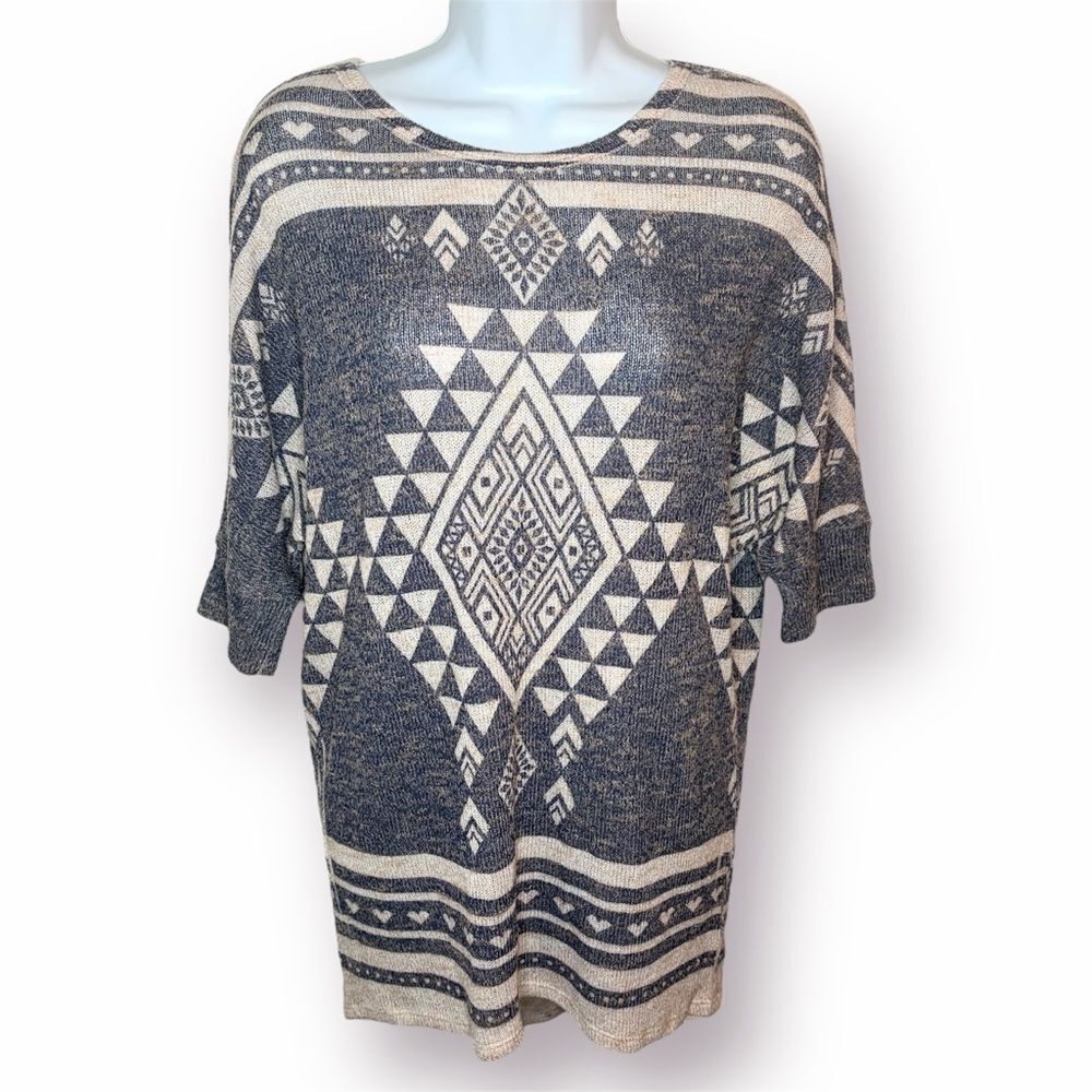 Charming Charlie Navy Blue Beige Dolman Sweater Knit Tunic Top Southwestern S